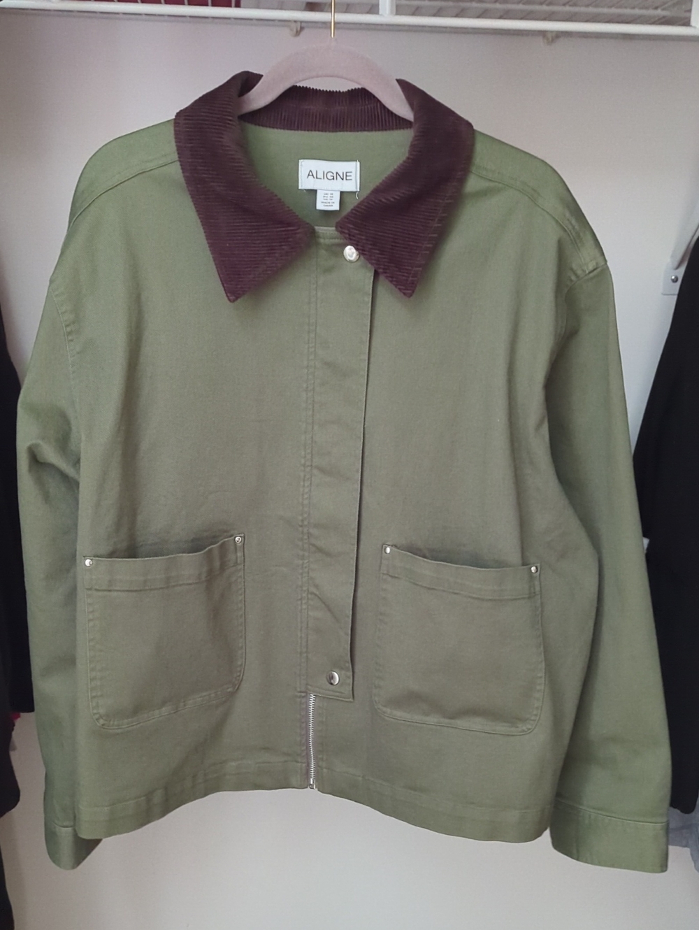 Aligne Cropped Olive Barn Coat with Brown Corduroy Collar NWOT 14
